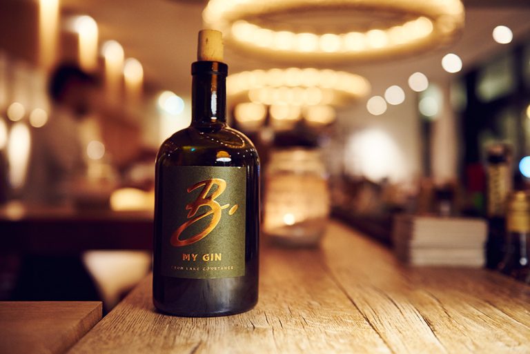 Flasche B-MY-GIN, Gin vom Bodensee, im il Boccone Konstanz